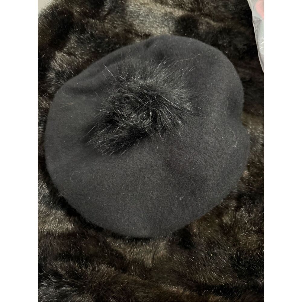 Studio Black Beret Winter Hat With Pom Pom wool blend one size